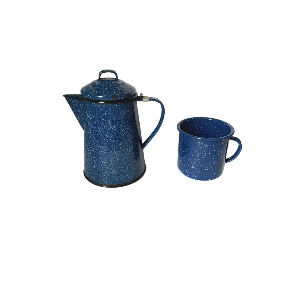 Vintage Blue Speckled Enamel Coffee Pot and Cup (Lid Clasp Attachment Missing)